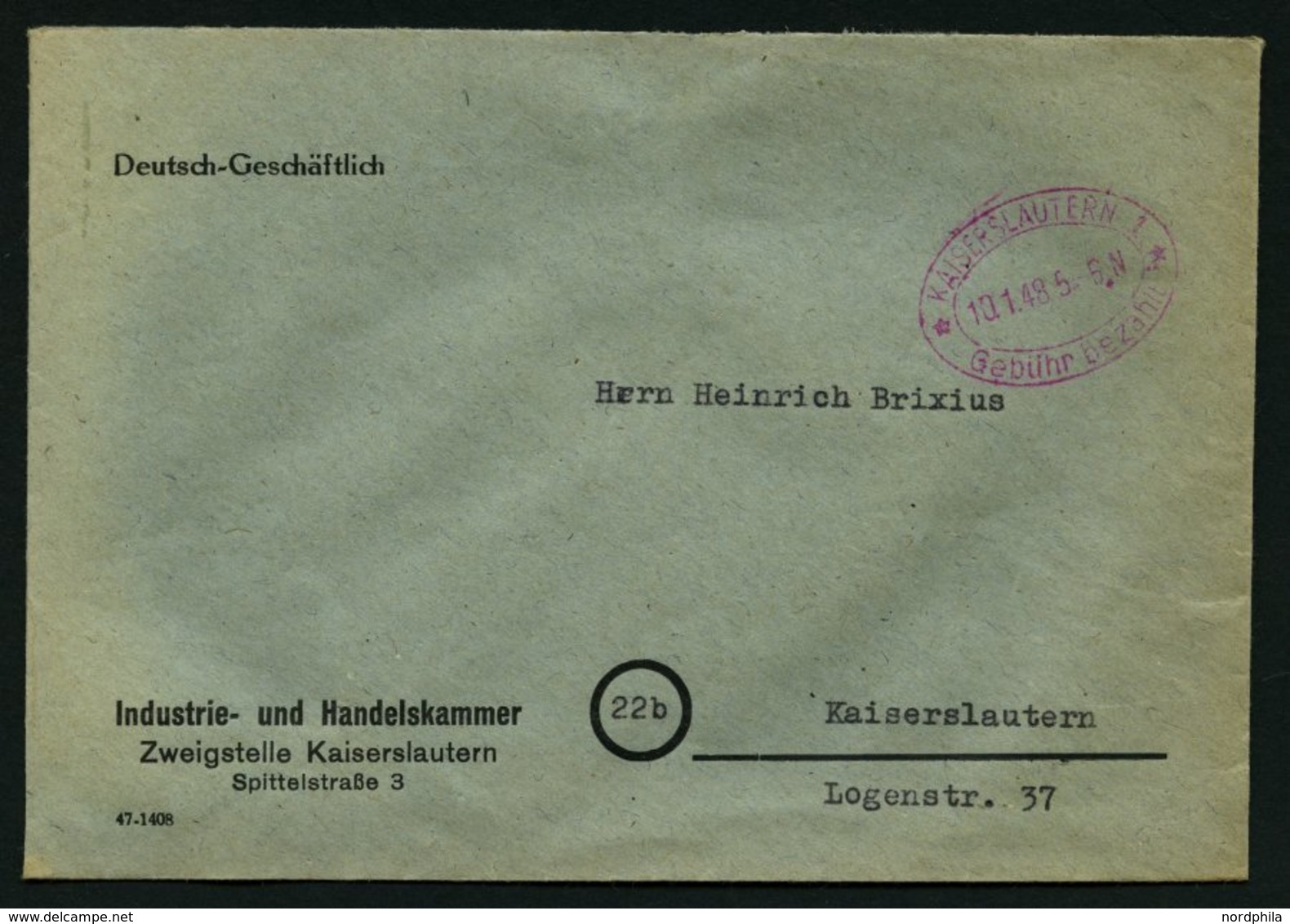 ALL. BES. GEBÜHR BEZAHLT KAISERSLAUTERN Gebühr Bezahlt, 10.1.48, Violetter Ellipsenstempel Mit 2 Sternen Und Ohne Steg,  - Sonstige & Ohne Zuordnung