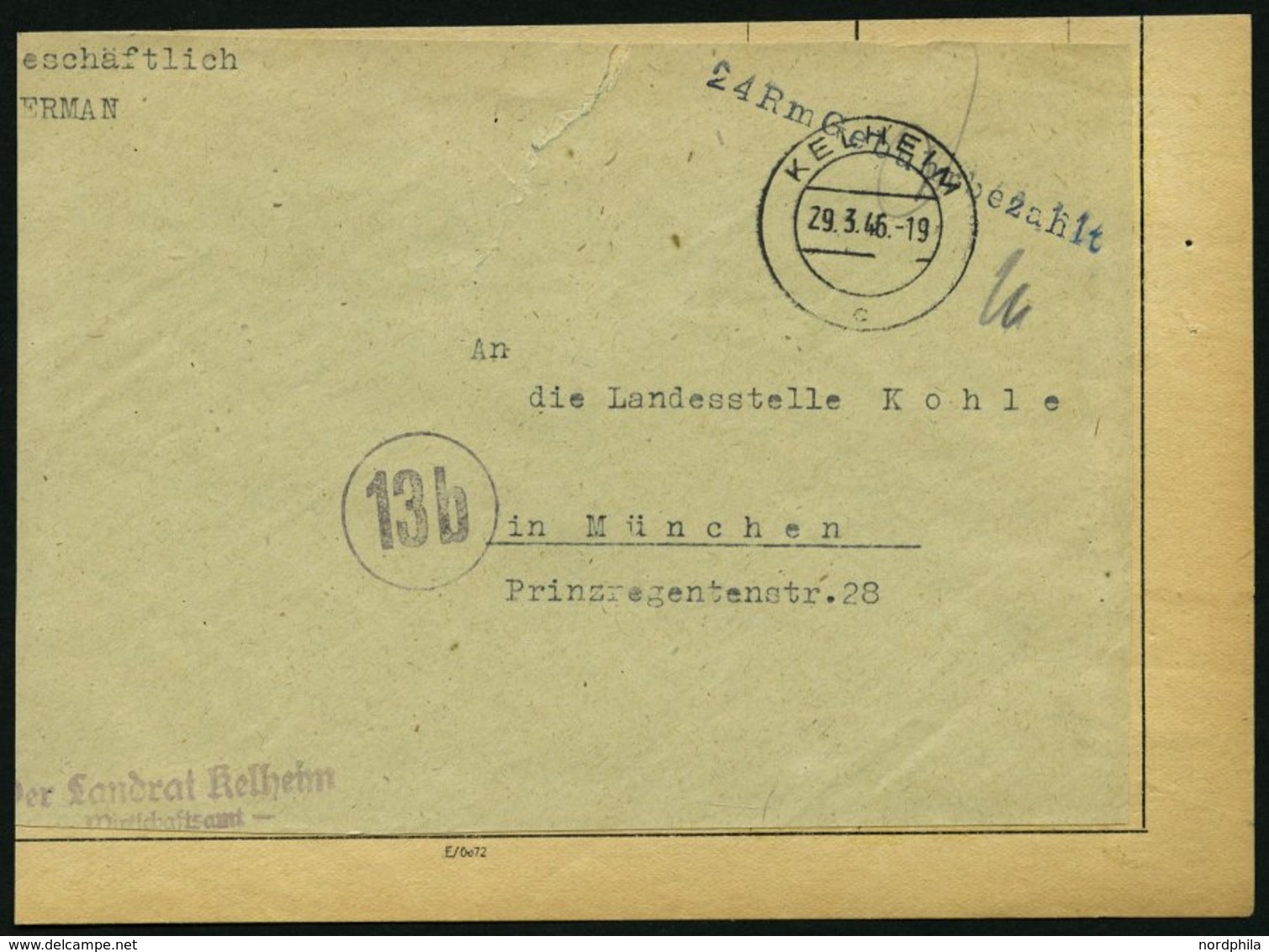 ALL. BES. GEBÜHR BEZAHLT KEHLHEIM, 29.3.46, L1 24 Rm Gebühr Bezahlt, Briefvorderseite, Feinst - Sonstige & Ohne Zuordnung