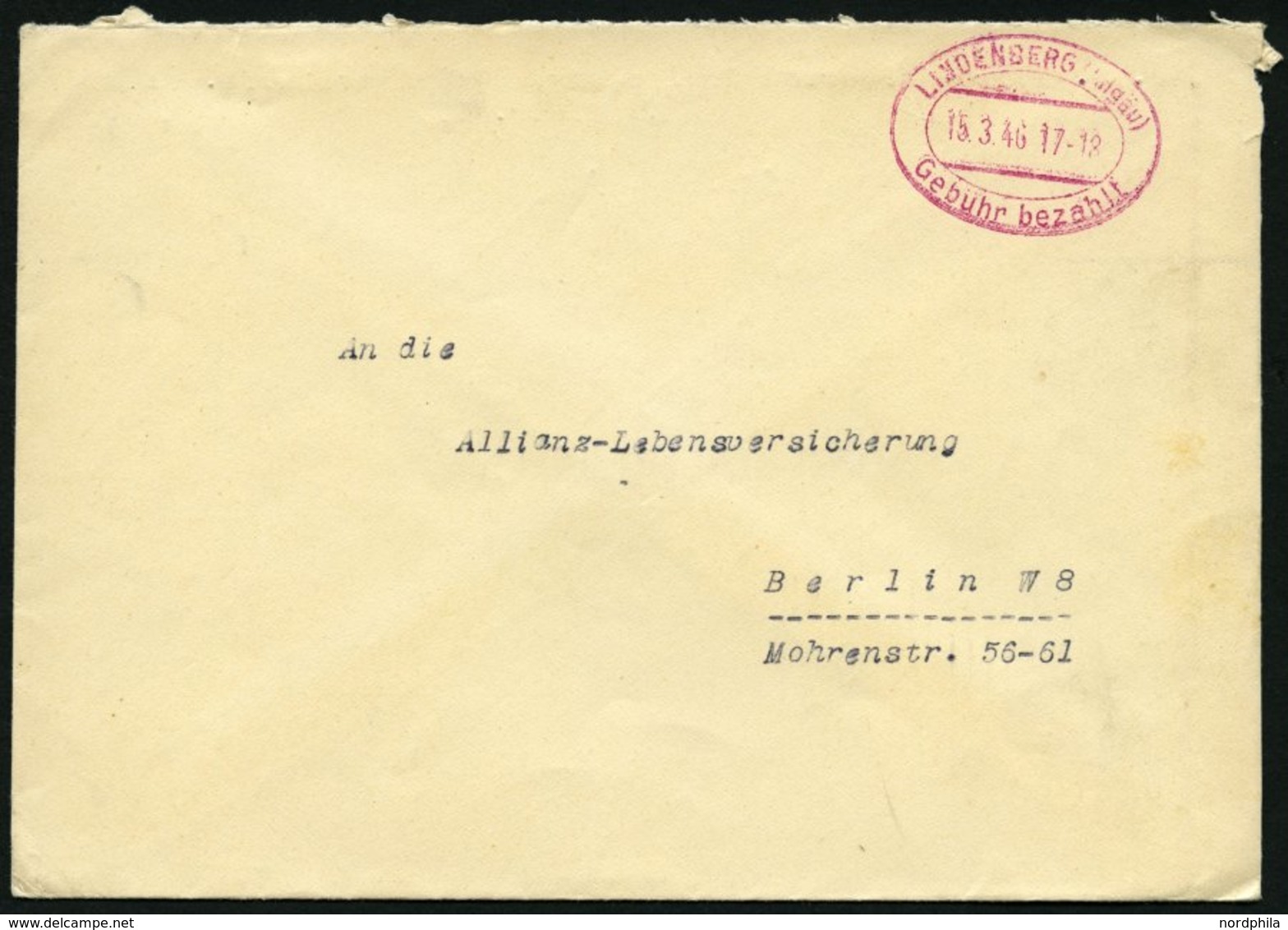 ALL. BES. GEBÜHR BEZAHLT LINDENBERG (ALLGÄU), 15.3.46, Roter Ellipsenstempel Gebühr Bezahlt, Pracht - Otros & Sin Clasificación