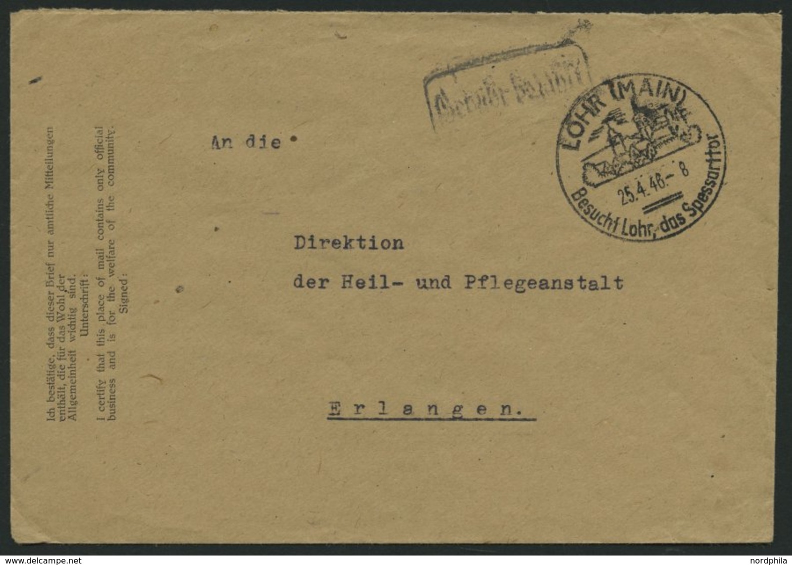 ALL. BES. GEBÜHR BEZAHLT LÖHR (MAIN), 25.4.46, Ortswerbestempel, R1 Gebühr Bezahlt, Brief Feinst - Autres & Non Classés