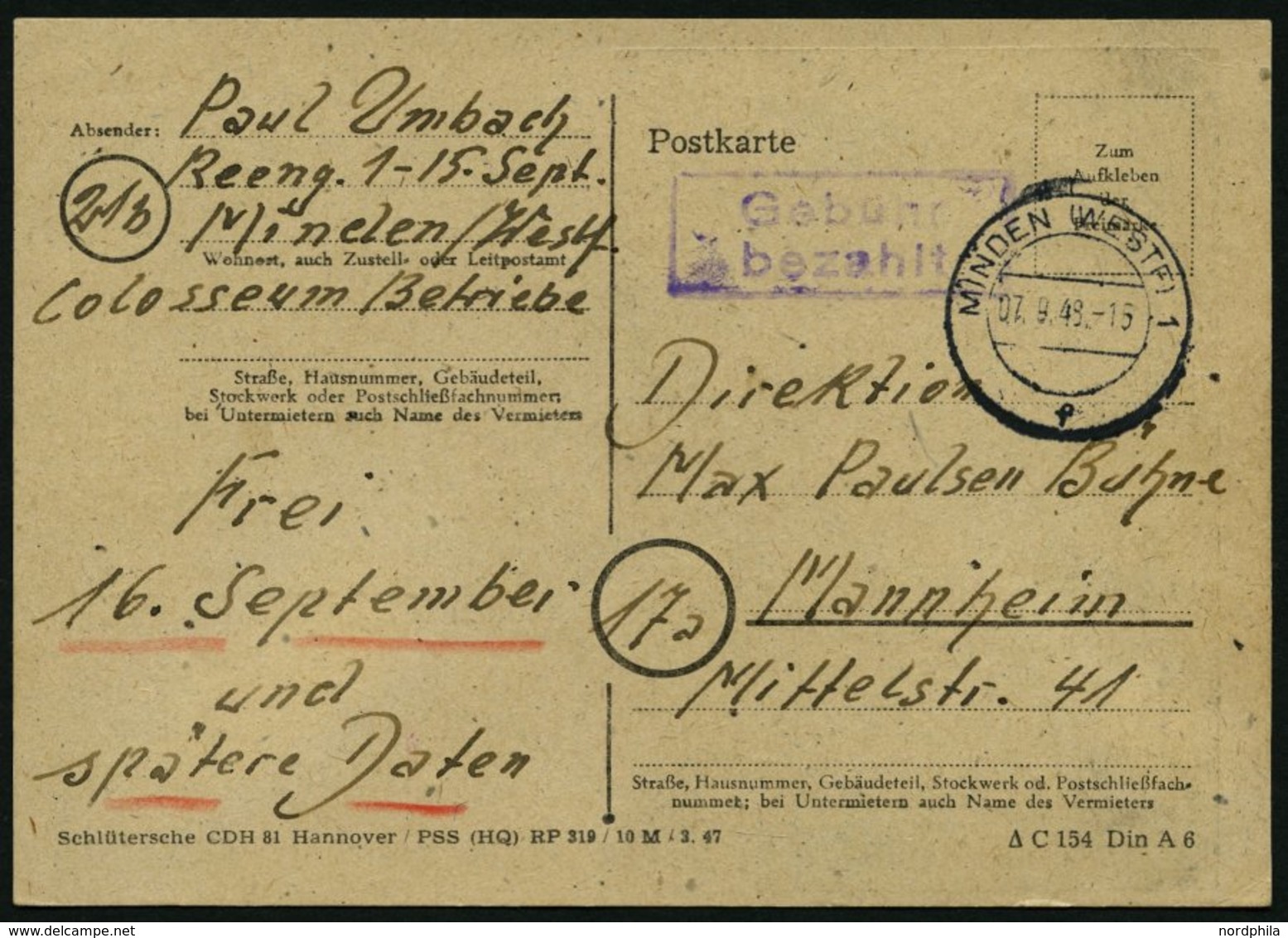 ALL. BES. GEBÜHR BEZAHLT MINDEN (WESTF), 07.9.49, Violetter R2 Gebühr Bezahlt, Werbekarte, Pracht - Autres & Non Classés