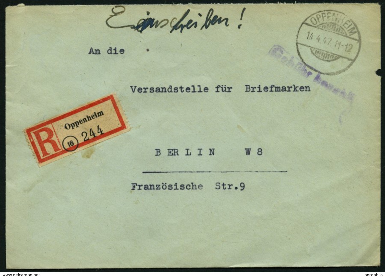 ALL. BES. GEBÜHR BEZAHLT OPPENHEIM, 14.4.47, Violetter L1 Gebühr Bezahlt, Einschreibbrief, Feinst - Autres & Non Classés