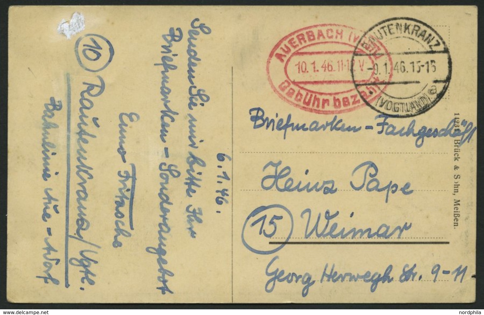 ALL. BES. GEBÜHR BEZAHLT RAUTENKRANZ (VOIGTLAND), 9.1.46, Roter Ellipsenstempel AUERBACH (VOIGT) Gebühr Bezahlt, Ansicht - Otros & Sin Clasificación