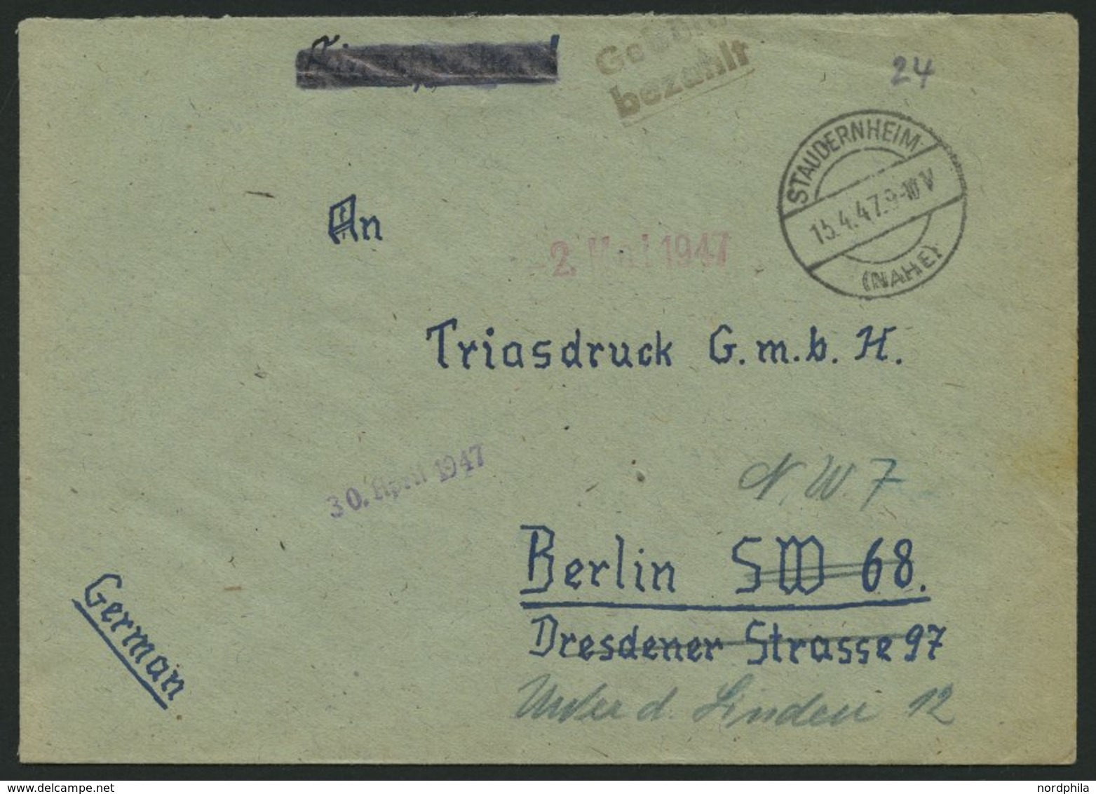 ALL. BES. GEBÜHR BEZAHLT STAUDERNHEIM (NAHE), 15.4.47, L2 Gebühr Bezahlt, Prachtbrief - Autres & Non Classés