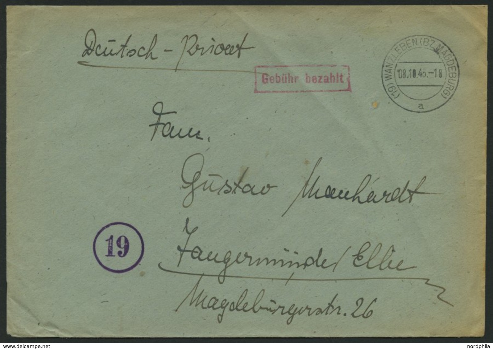 ALL. BES. GEBÜHR BEZAHLT WANZLEBEN (BZ MAGDEBURG), 08.10.46, Roter R1 Gebühr Bezahlt, Brief Feinst - Other & Unclassified