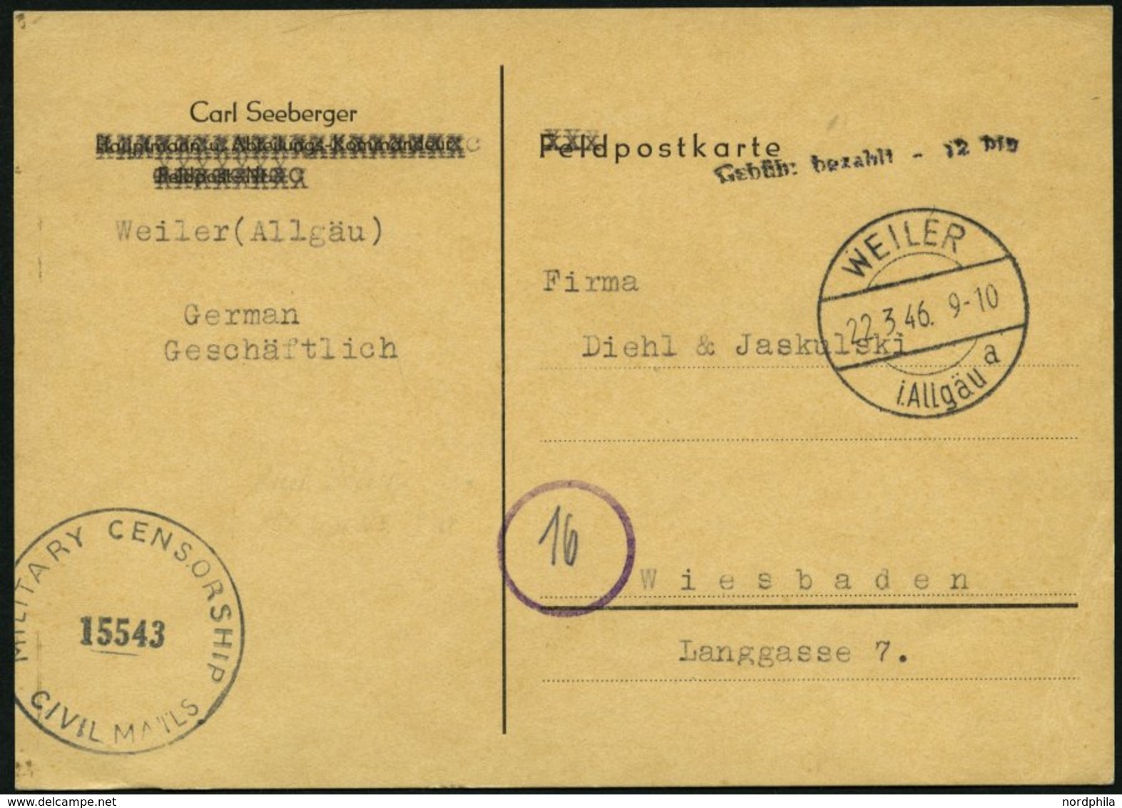 ALL. BES. GEBÜHR BEZAHLT WEILER I. ALLGÄU, 22.3.46, L1 Gebühr Bezahlt - 12 Pfg, Postkarte Nach Wiebaden Mit Amerikanisch - Autres & Non Classés