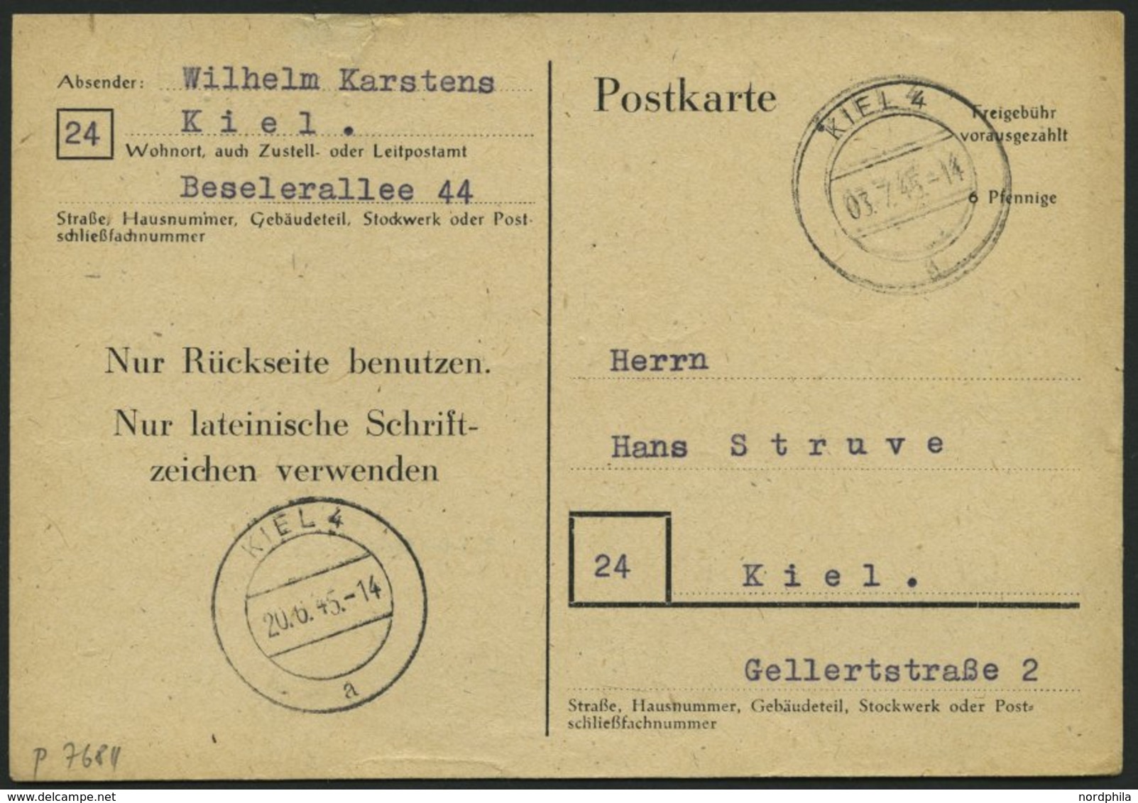 ALL. BES. GANZSACHEN P 768II BRIEF, 1945, 6 Pf. Schwarz, Type II, Stempel KIEL 4, Feinst, Mi. 100.- - Autres & Non Classés