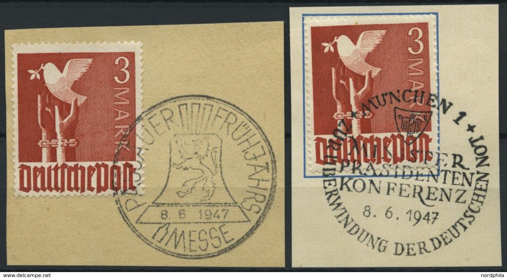 ALLIIERTE BES. 961 BrfStk, 1947, 3 M. Bräunlichrot, 2 Briefstücke Mit Verschiedenen Sonderstempeln, Pracht, Gepr. Schleg - Otros & Sin Clasificación