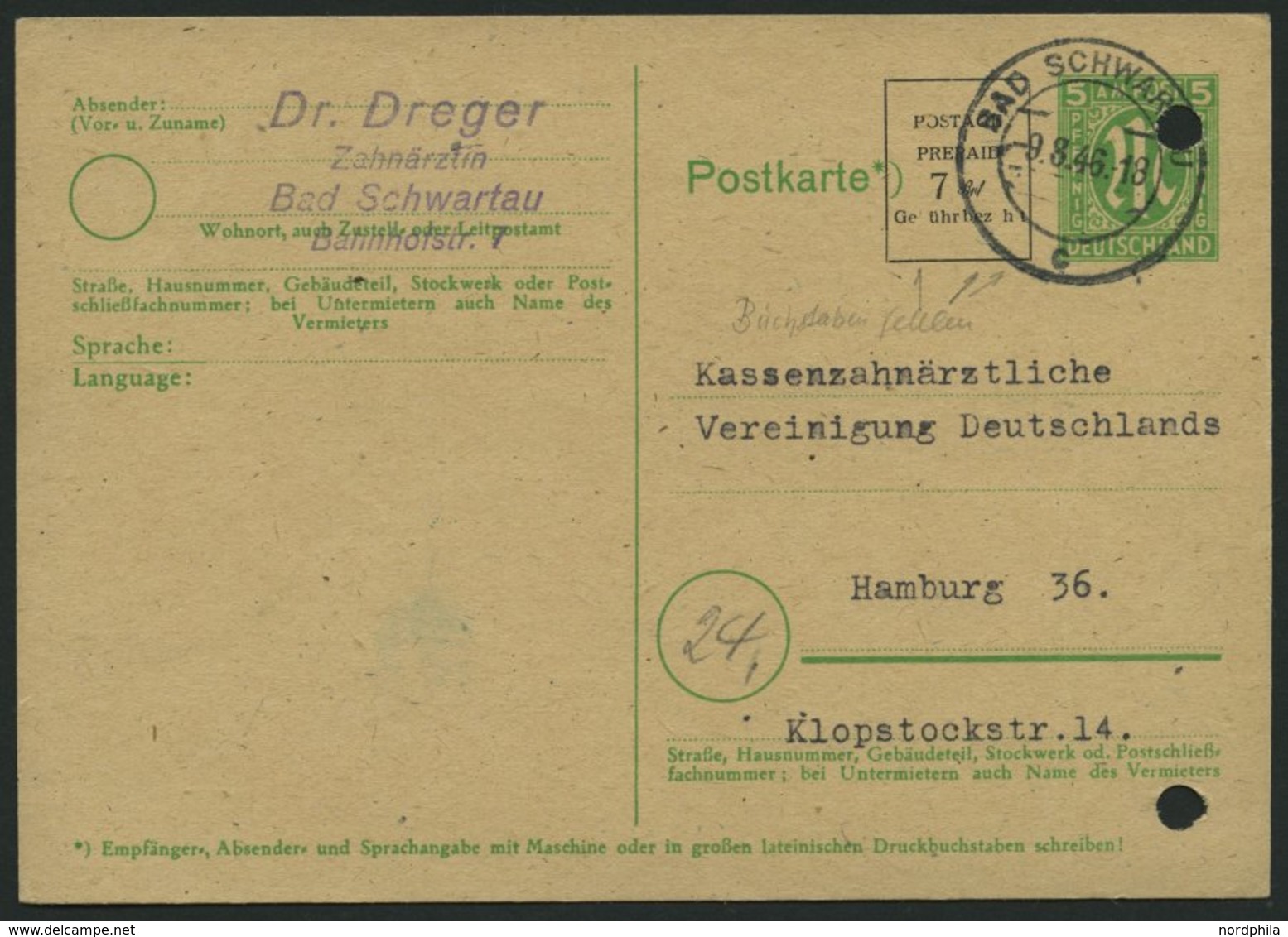 AMERIK. U. BRITISCHE ZONE - GANZSACHEN P 906 BRIEF, 1946, 7 Pf. Schwarz Neben 5 Pf. AM-Post, Bedarfskarte Von BAD SCHWAR - Autres & Non Classés