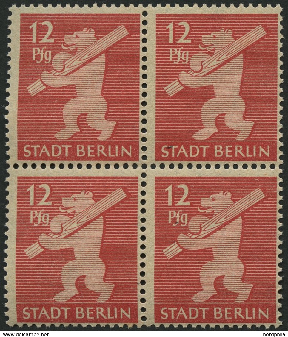 BERLIN UND BRANDENBURG 5AAwax VB **, 1945, 12 Pf. Mittelkarminrot, Graurosa Papier, Glatter Gummi, Im Viererblock, Prach - Otros & Sin Clasificación