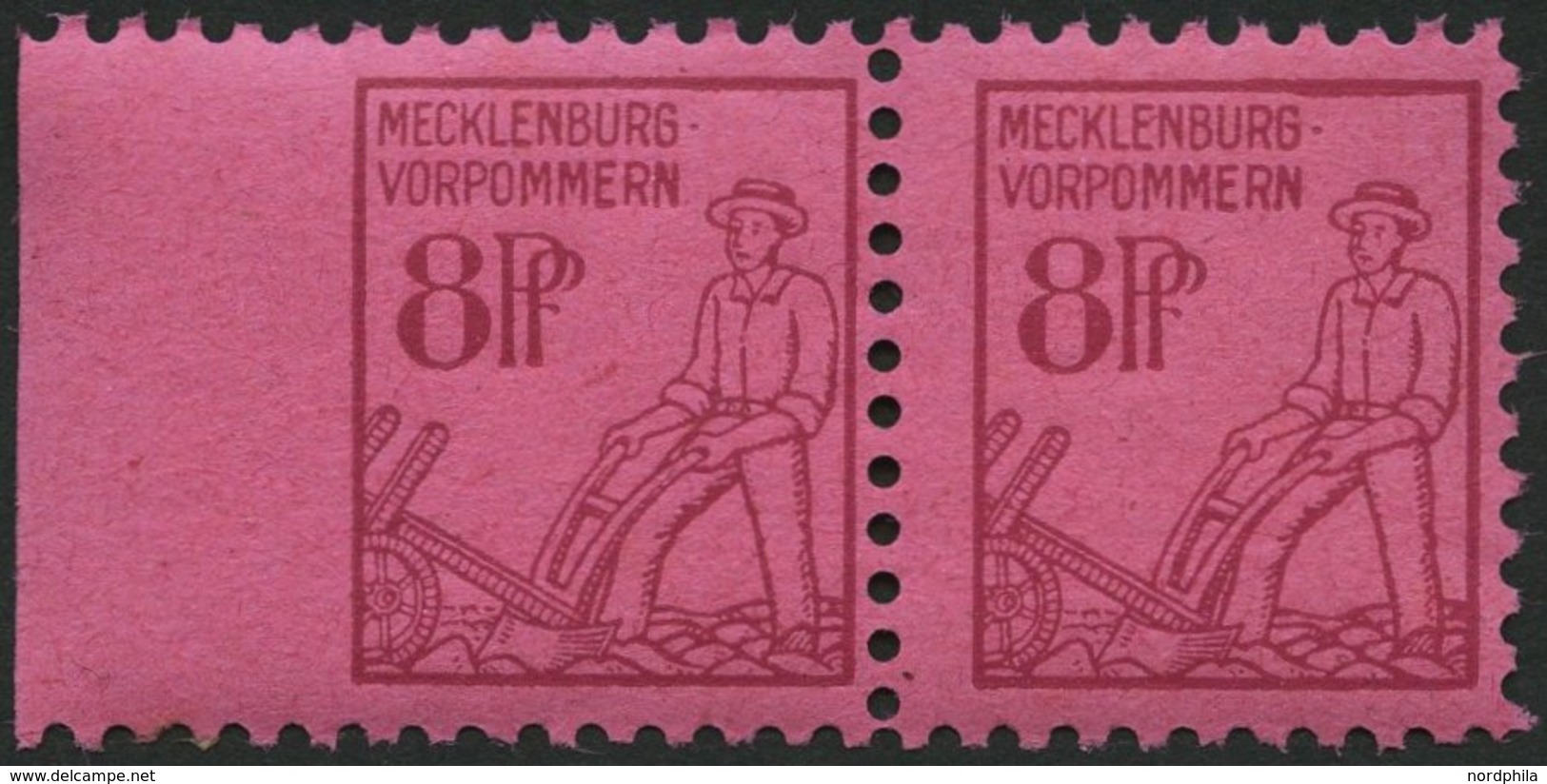 MECKLENBURG-VORPOMMERN 11xaUl **, 1945, 8 Pf. Magenta Auf Lilarosa, Links Ungezähnt, Im Waagerechten Paar Mit Normaler M - Otros & Sin Clasificación