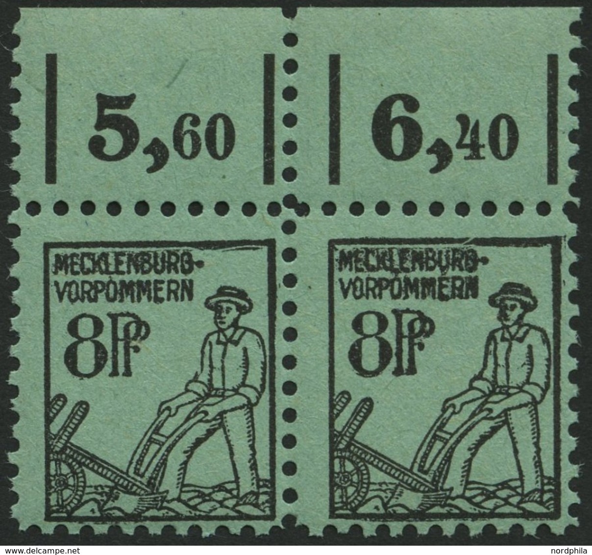 MECKLENBURG-VORPOMMERN 14xPFI,II **, 1945, 8 Pf. Schwarz Auf Hellbläulichgrün Im Waagerechten Paar Vom Oberrand Mit Plat - Other & Unclassified