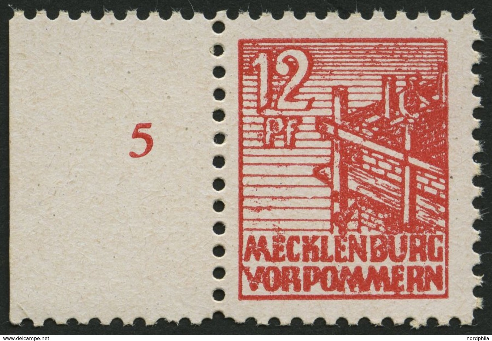 MECKLENBURG-VORPOMMERN 36xcc **, 1946, 12 Pf. Schwärzlichgraurot, Kreidepapier, Linkes Randstück, Pracht, Gepr. Kramp, M - Autres & Non Classés