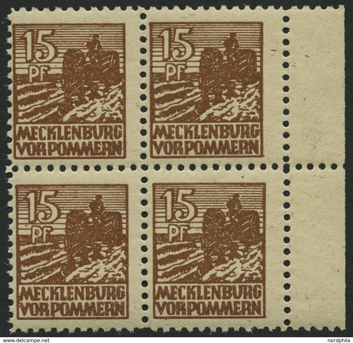 MECKLENBURG-VORPOMMERN 37yd VB **, 1946, 15 Pf. Mittelsiena, Graues Papier, Im Viererblock, Pracht, Gepr. Kramp, Mi. 320 - Autres & Non Classés