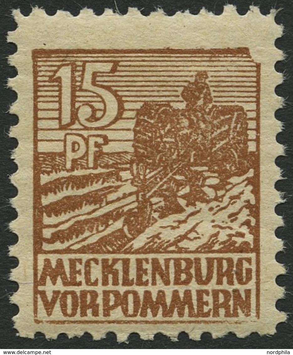 MECKLENBURG-VORPOMMERN 37yeII **, 1946, 15 Pf. Orangebraun, Graues Papier, Plattenfehler II, üblich Gezähnt Pracht, Gepr - Autres & Non Classés