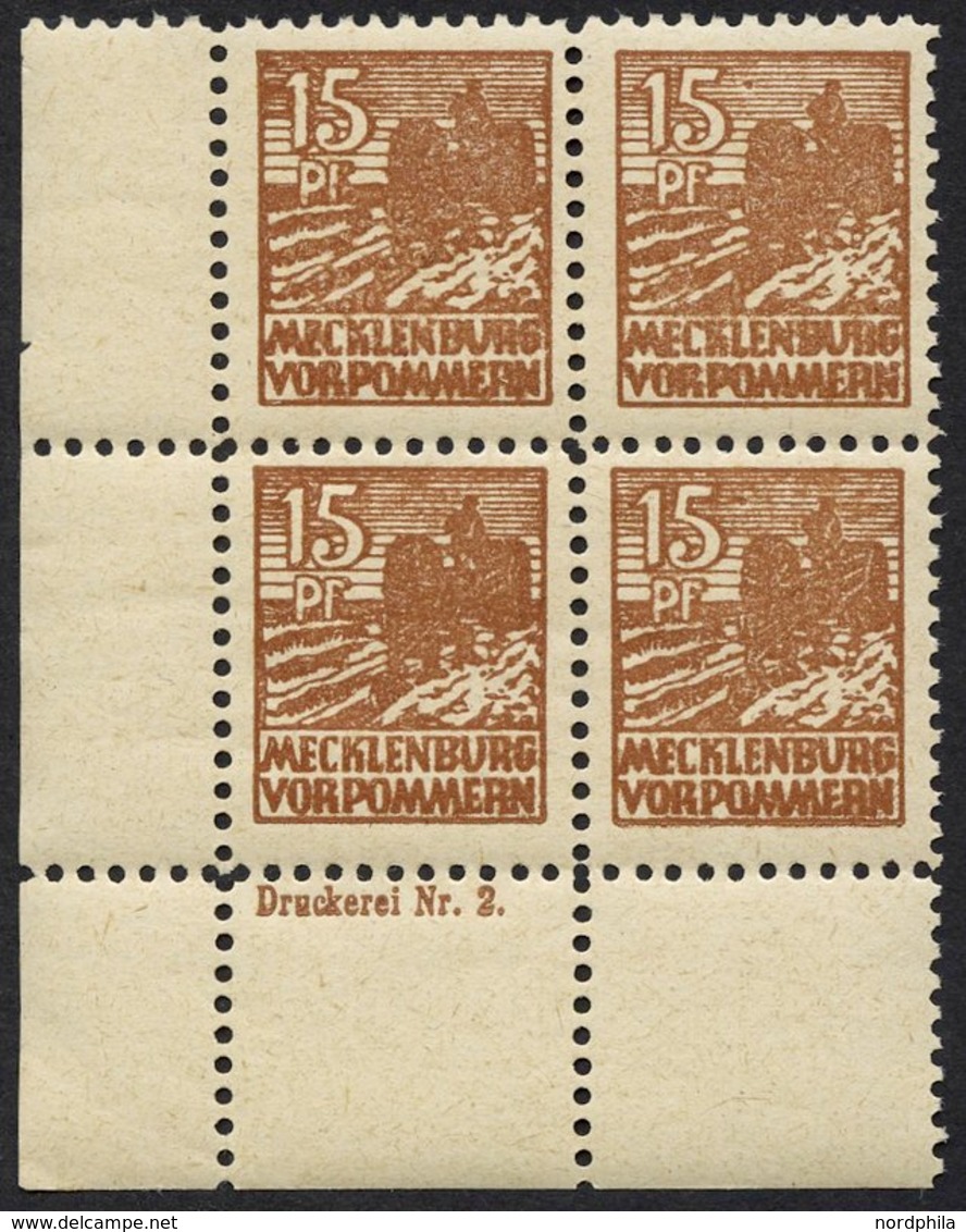 MECKLENBURG-VORPOMMERN 37zaDZ **, 1946, 15 Pf. Gelbbraun, Dünnes Papier, Im Eckrandviererblock Mit Druckereizeichen, Pra - Autres & Non Classés