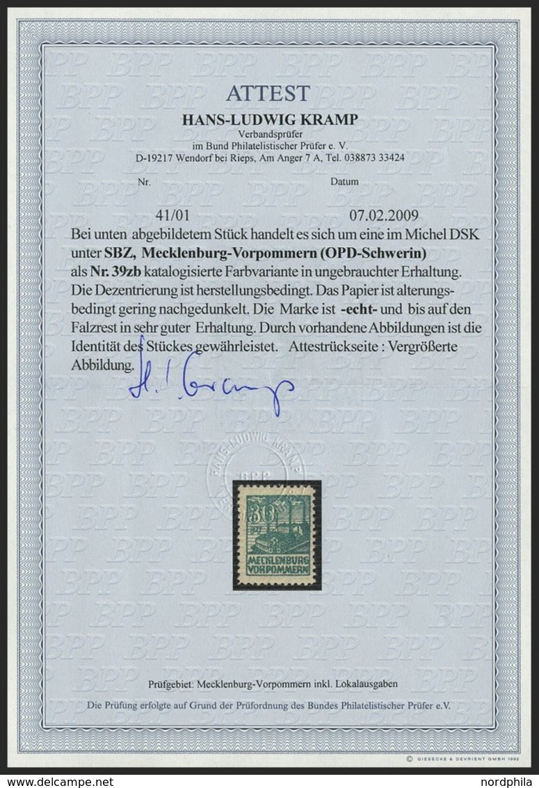 MECKLENBURG-VORPOMMERN 39zb *, 1946, 30 Pf. Dunkelopalgrün, Dünnes Papier, Falzrest, Pracht, Fotoattest Kramp, Mi. 750.- - Autres & Non Classés