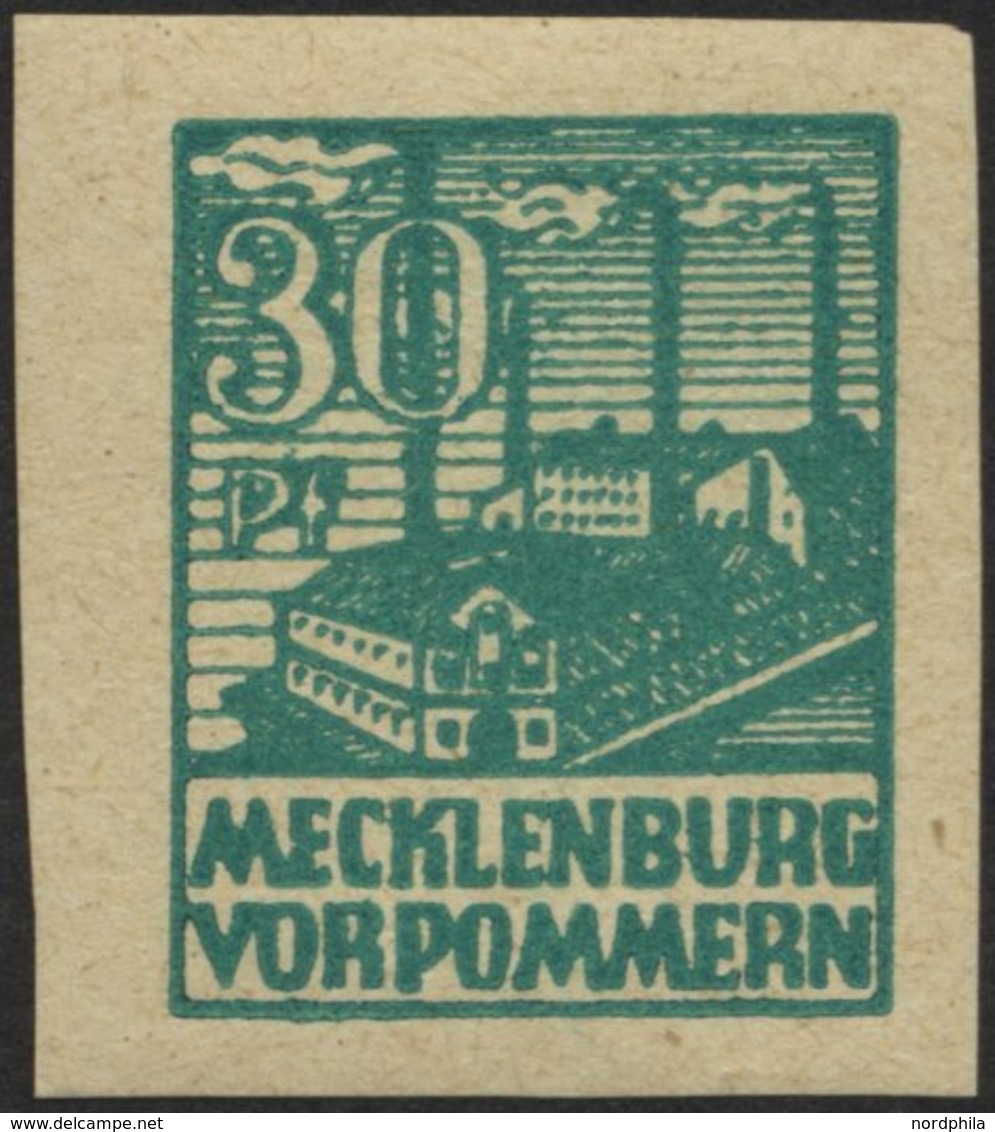 MECKLENBURG-VORPOMMERN 39zbU *, 1946, 30 Pf. Dunkelopalgrün, Dünnes Papier, Ungezähnt, Falzrest, Pracht, RR!, Gepr. Thom - Autres & Non Classés