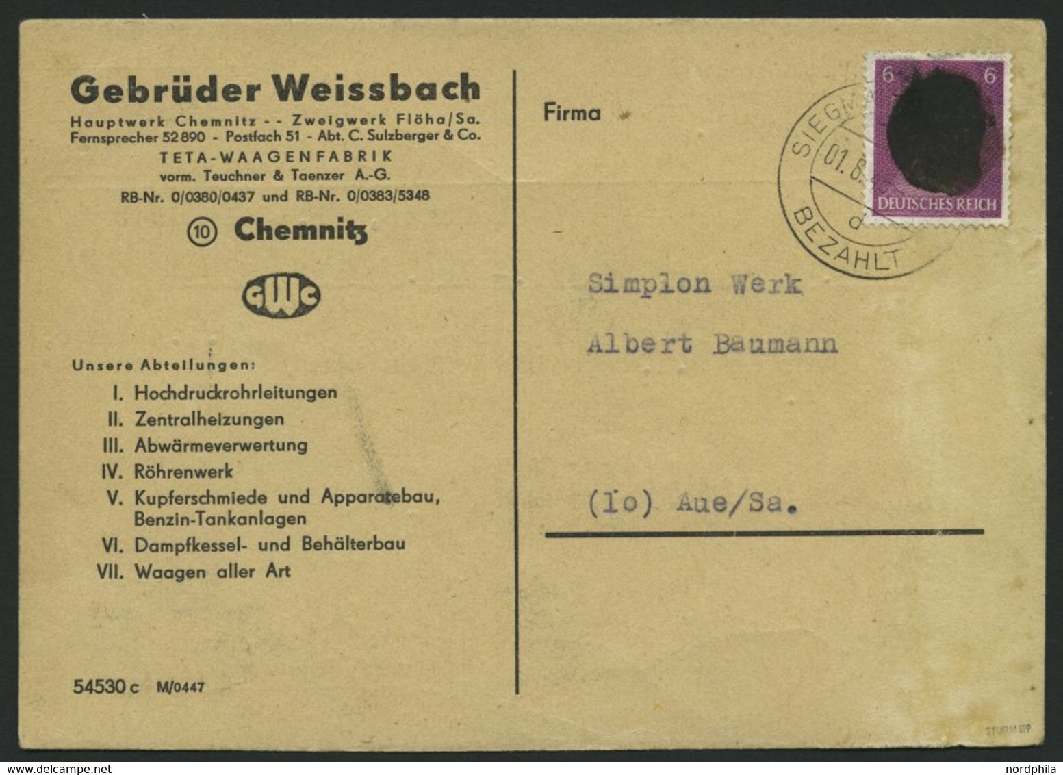 SÄCHSISCHE SCHWÄRZUNGEN AP 785bI BRIEF, SIEGMAR-SCHÖNAU 1 BEZAHLT, 6 Pf. Auf Postkarte, Feinst, Gepr. Sturm - Other & Unclassified