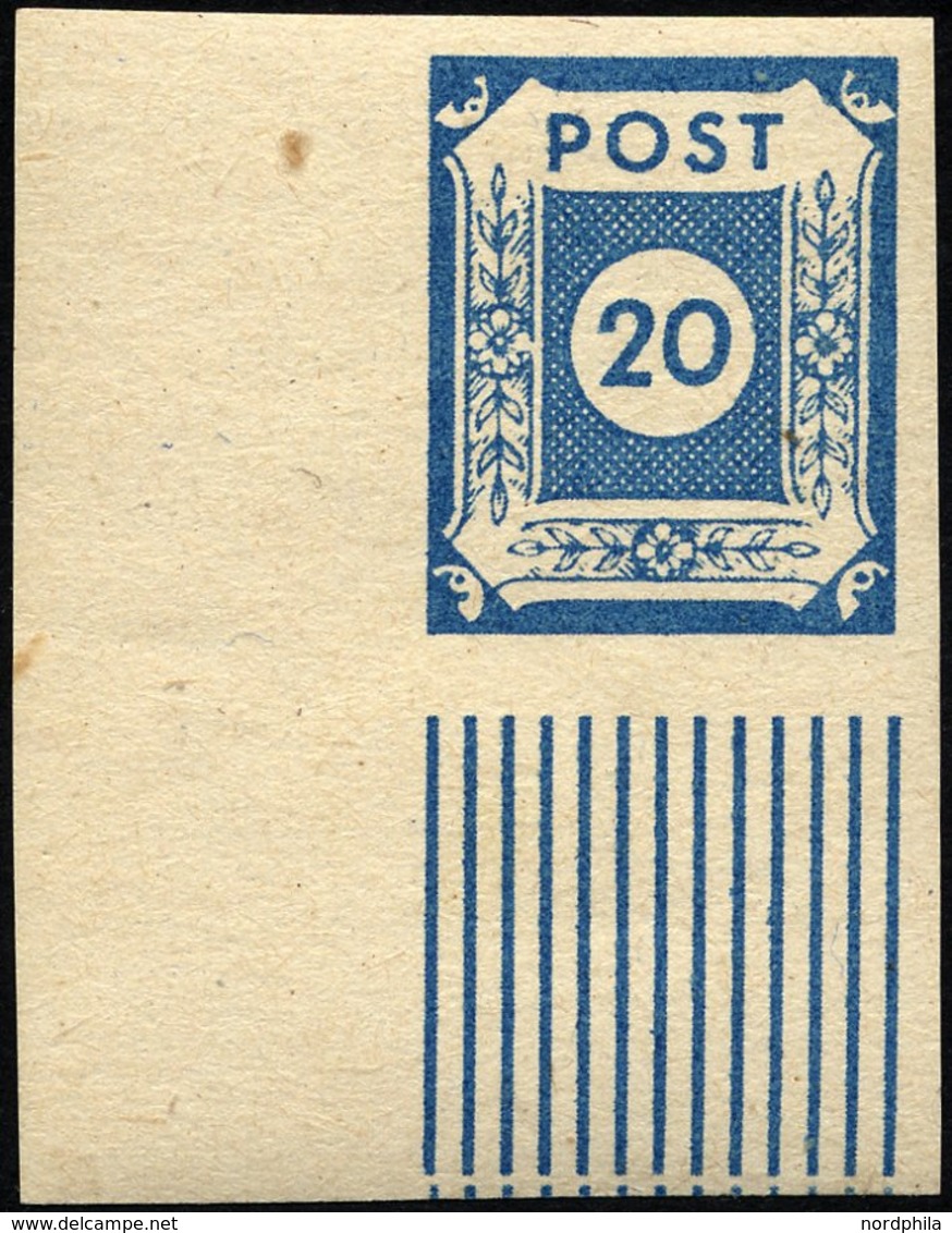 OST-SACHSEN 54b *, 1945, 20 Pf. Lebhaftpreußischblau Aus Der Unteren Linken Bogenecke, Falzrest, Pracht, Fotoattest Strö - Other & Unclassified