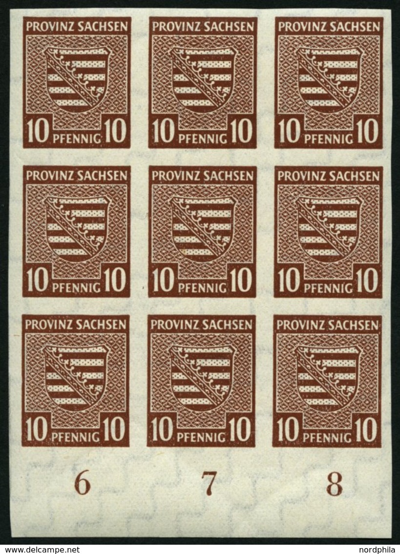 PROVINZ SACHSEN 72 **, 1945, 10 Pf. Rötlichbraun Im Neunerblock Vom Unterrand, Pracht, Mi. 135.- - Autres & Non Classés