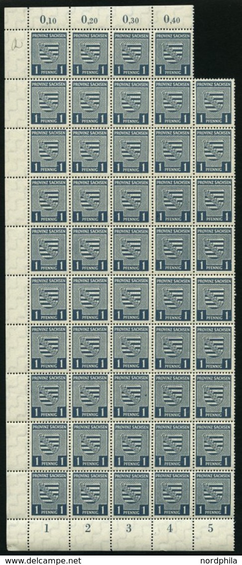 PROVINZ SACHSEN 73Xy **, 1945, 1 Pf. Schwärzlichgrünlichblau, Wz. 1X, Fluoreszierende Gummierung, 49x Im Bogenteil, Prac - Autres & Non Classés
