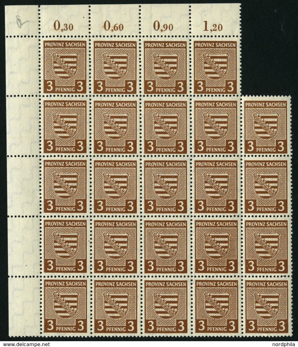 PROVINZ SACHSEN 74Xy **, 1945, 3 Pf. Gelbbraun, Wz. 1X, Fluoreszierende Gummierung, 24x Im Bogenteil, Pracht, Mi. 192.- - Autres & Non Classés