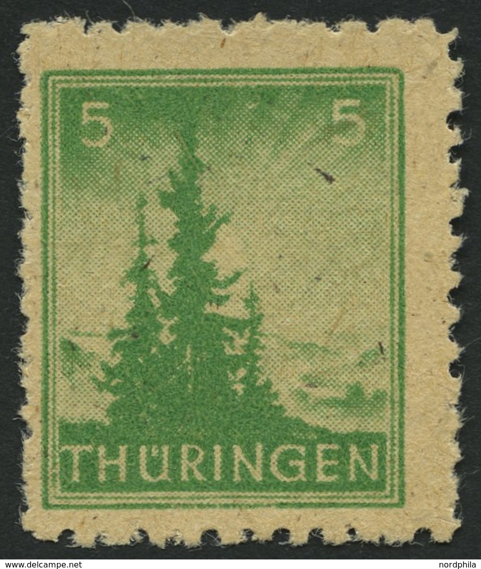 THÜRINGEN 94AYbz2 **, 1945, 5 Pf. Dunkelsmaragdgrün, Spargummierung, Dickes Papier, Fallende Papierstreifung, Pracht, RR - Sonstige & Ohne Zuordnung