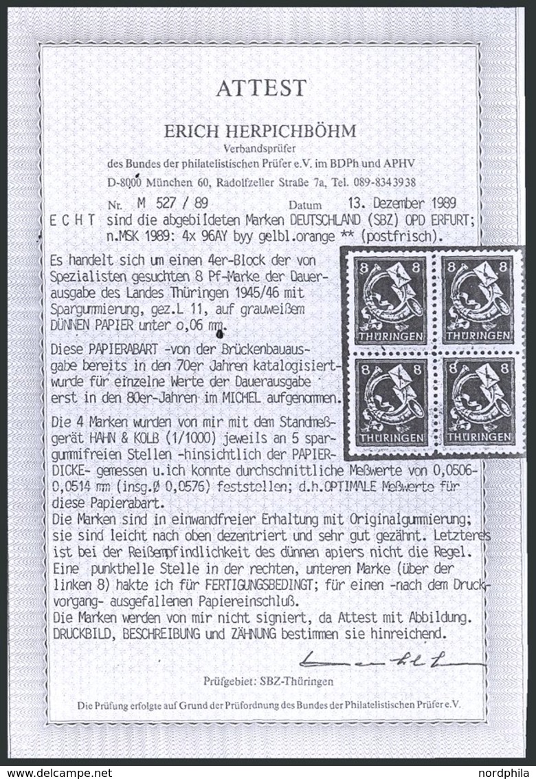 THÜRINGEN 96AYyy **, 1945, 8 Pf. Rotorange, Spargummi, Dünnes Papier, Attestkopie Herpichböhm, Mi. 100.- - Otros & Sin Clasificación