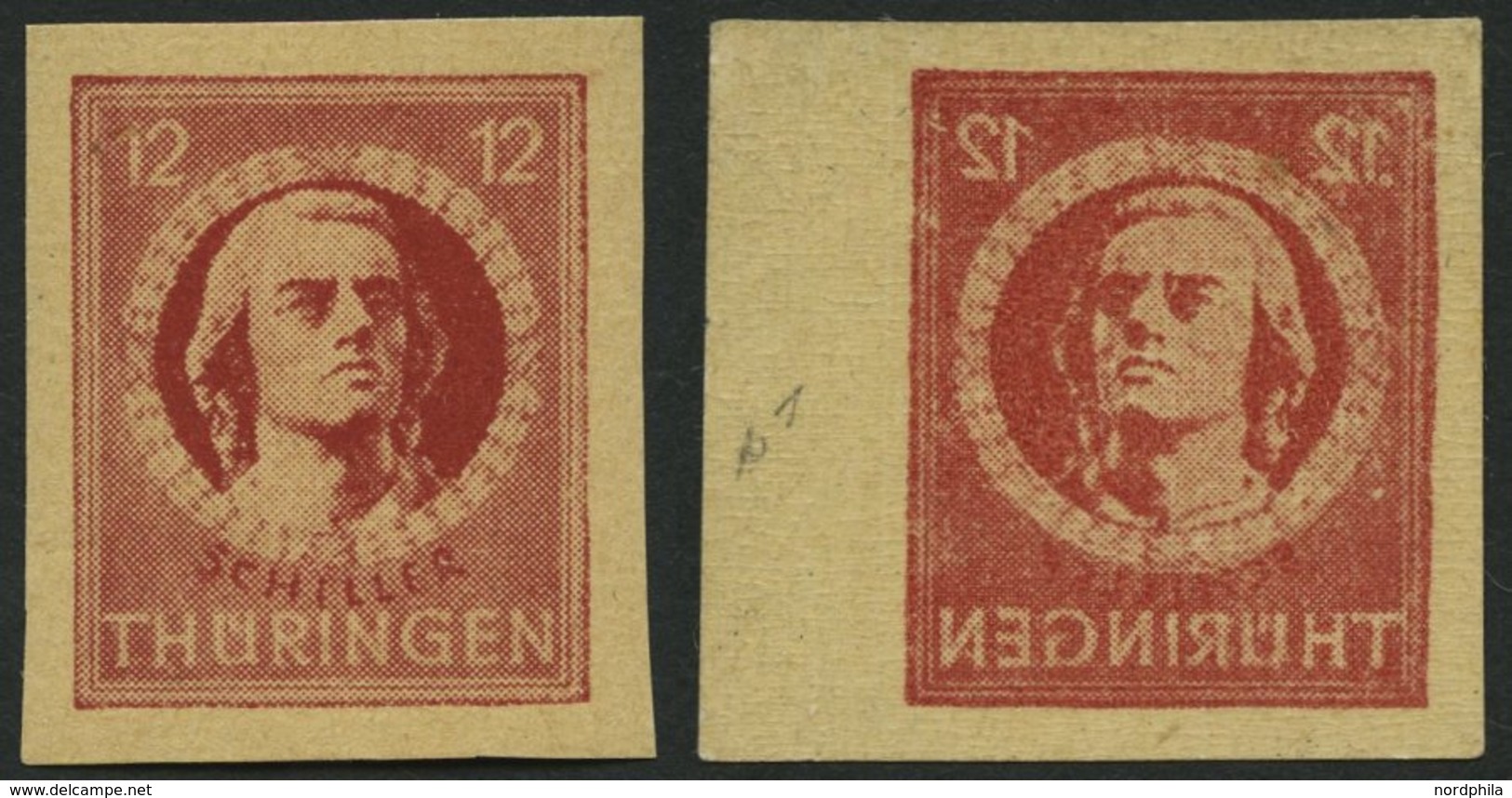 THÜRINGEN 97AXaqU **, 1945, 12 Pf. Karminrot, Vollgummierung, Graues Kartonpapier, Ungezähnt Und Deutlicher Abklatsch, P - Otros & Sin Clasificación