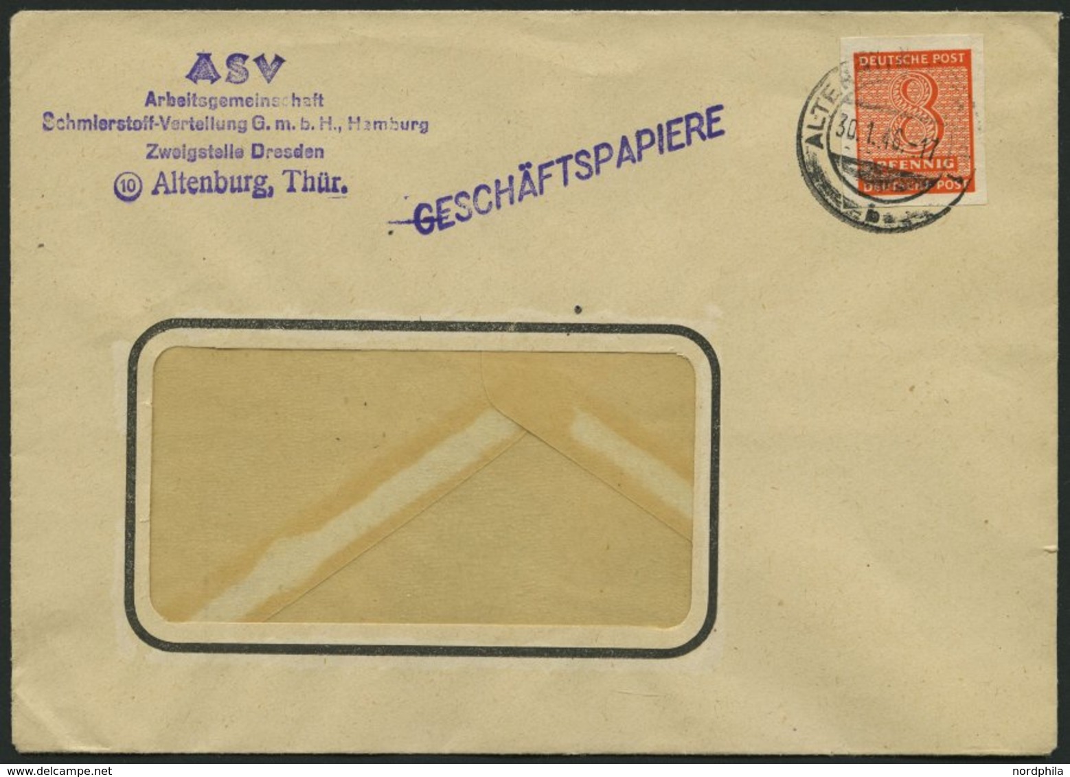 WEST-SACHSEN 118Y BRIEF, 1945, 8 Pf. Lebhaftrotorange, Wz. 1Y, Einzelfrankatur Auf Geschäftspapiere Aus ALTENBURG, Prach - Otros & Sin Clasificación