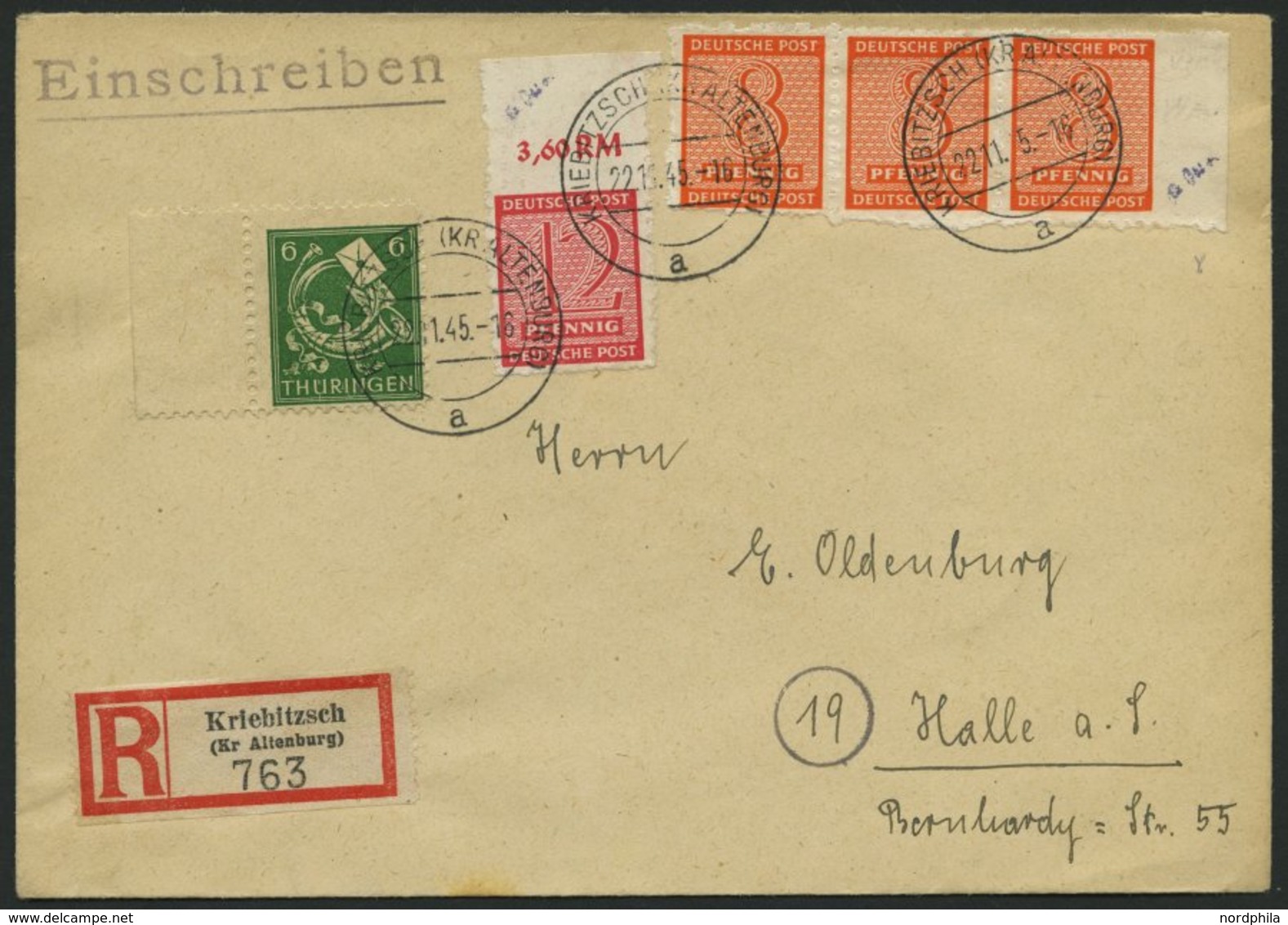 WEST-SACHSEN 118GY,119GX BRIEF, 1945, 8 Pf. Kriebitzsch, Wz. Y, Im Waagerechten Dreierstreifen Und 12 Pf., Wz. X, Sowie  - Otros & Sin Clasificación