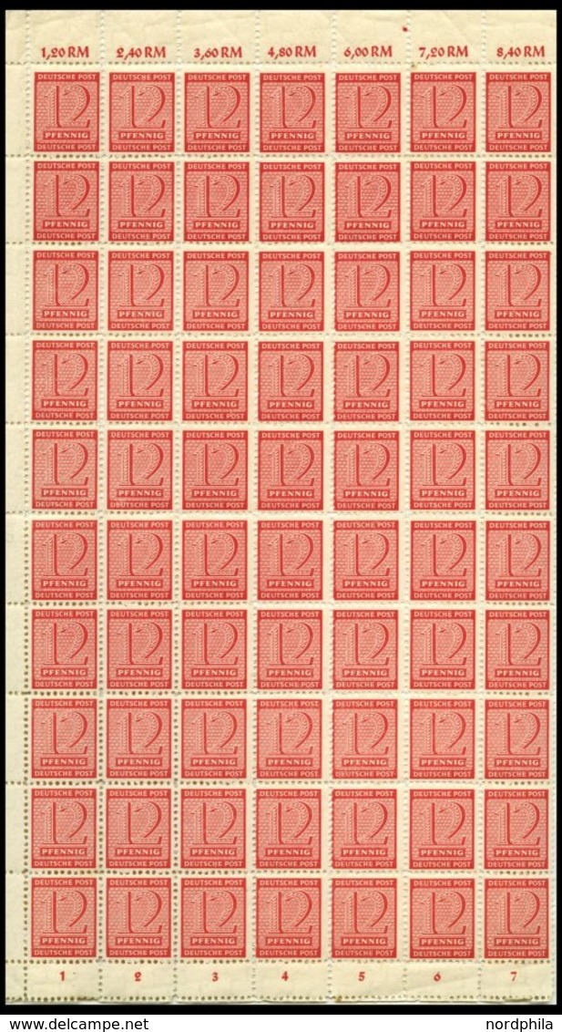 WEST-SACHSEN 123X **, 1945, 12 Pf. Versuchszähnung Im Bogenteil Von 70 Stück, Dabei 2x Plattenfehler Nr. 123I, Pracht, G - Other & Unclassified