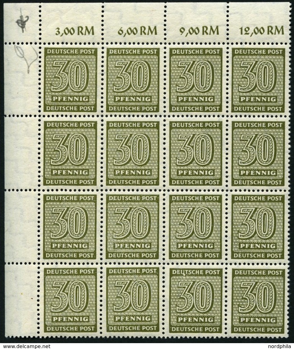 WEST-SACHSEN 135YI **, 1945, 30 Pf. Bräunlicholiv, Wz. 1Y, Im 16er-Block, Dabei Feld 33 Mit Abart Weißer Fleck Unten Am  - Autres & Non Classés