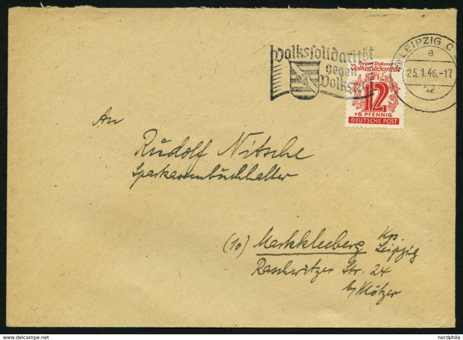 WEST-SACHSEN 144 BRIEF, 1946, 12 Pf. Volkssolidarität, Einzelfrankatur Auf Brief Aus LEIPZIG Vom 25.1.1946!, Pracht - Autres & Non Classés