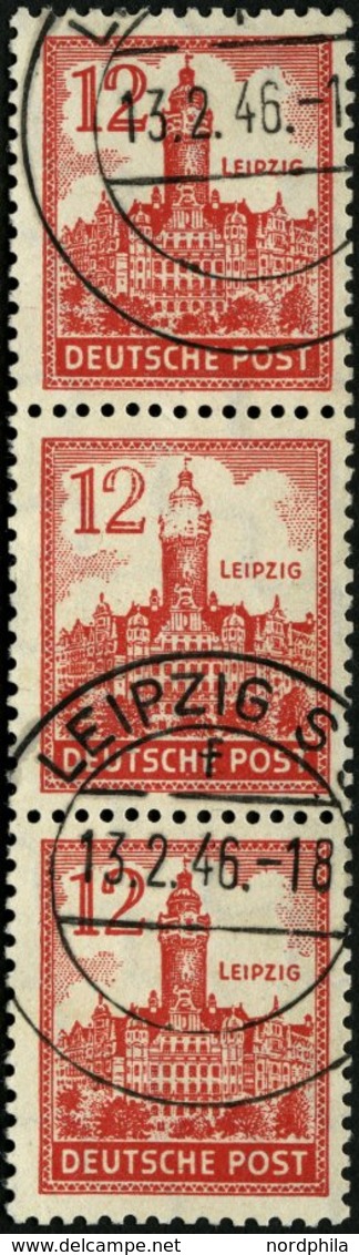 WEST-SACHSEN 155YI O, 1946, 12 Pf. Abschiedsserie, Wz, 1Y, Im Senkrechten Dreierstreifen, Mittlere Marke Mit Abart Schne - Autres & Non Classés