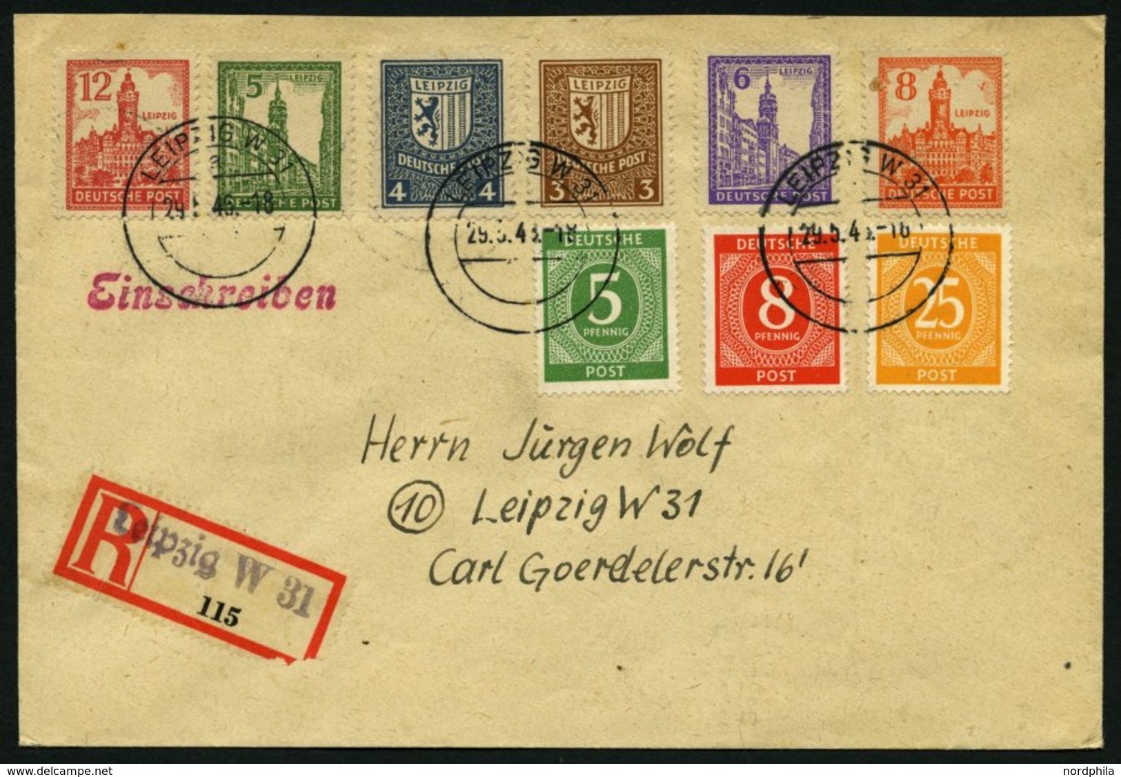 WEST-SACHSEN 156-61x BRIEF, 1946, Abschiedsserie, Ohne Wz., Mit Zusatzfrankatur Auf 2 Pf. Unterfrankiertem Orts-Einschre - Autres & Non Classés