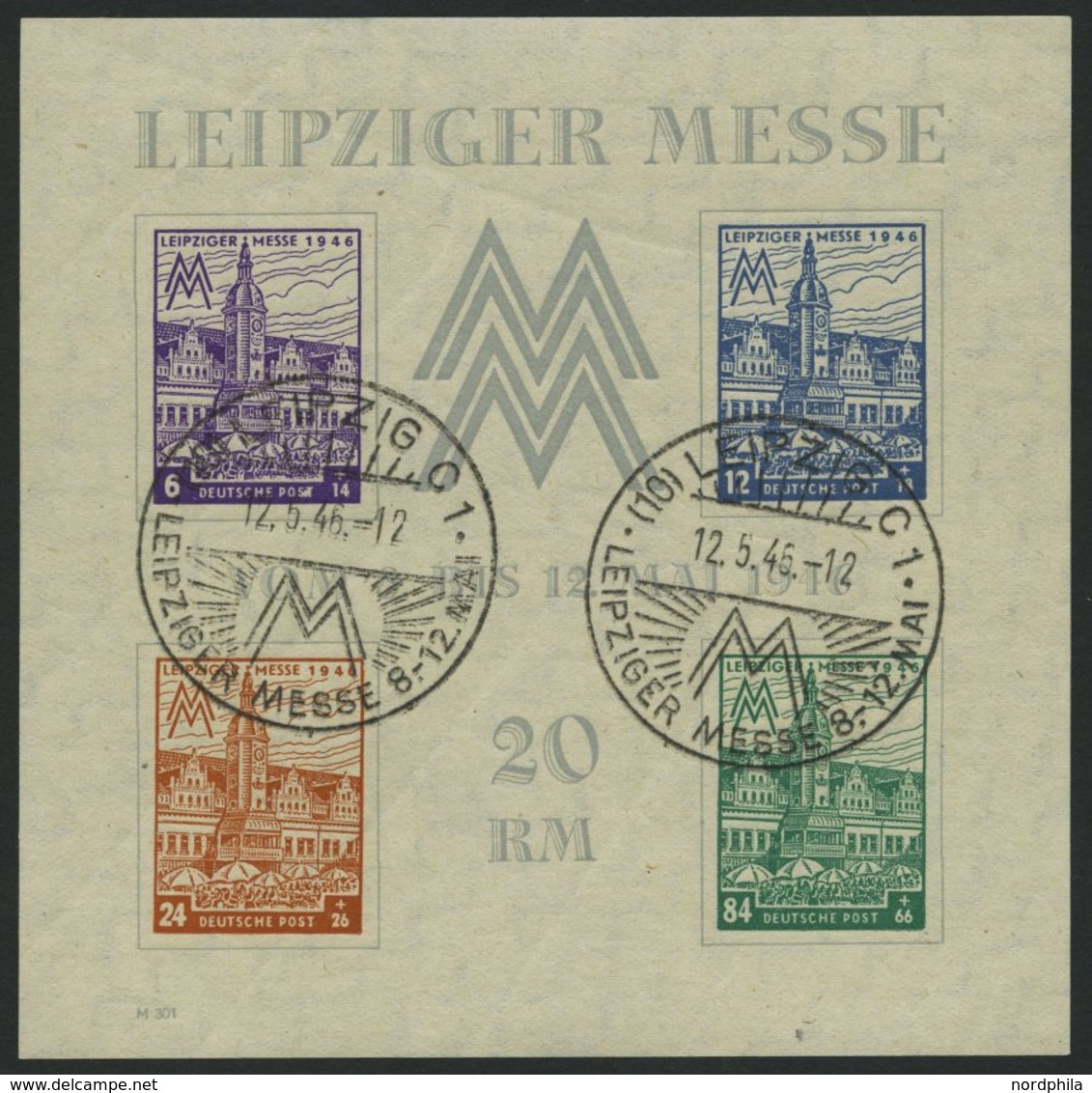 WEST-SACHSEN Bl. 5Xa O, 1946, Block Leipziger Messe, Wz. 1X, Type I, Sonderstempel, Herstellungsbedingte Kalanderbüge, P - Autres & Non Classés
