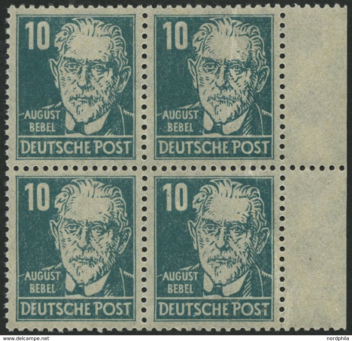 ALLGEMEINE-AUSGABEN 215ay VB **, 1948, 10 Pf. Dunkelbläulichgrün Bebel, Borkengummierung Senkrecht, Im Randviererblock,  - Sonstige & Ohne Zuordnung