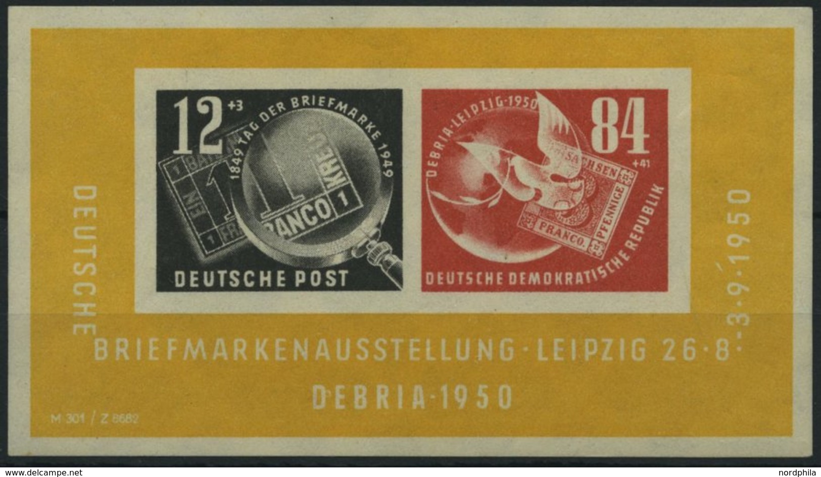DDR Bl. 7 PF III **, 1950, Block Debria Mit Abart Schräger Weißer Strich über 1 Im Datum, übliche Gummierung, Pracht, Ge - Usados