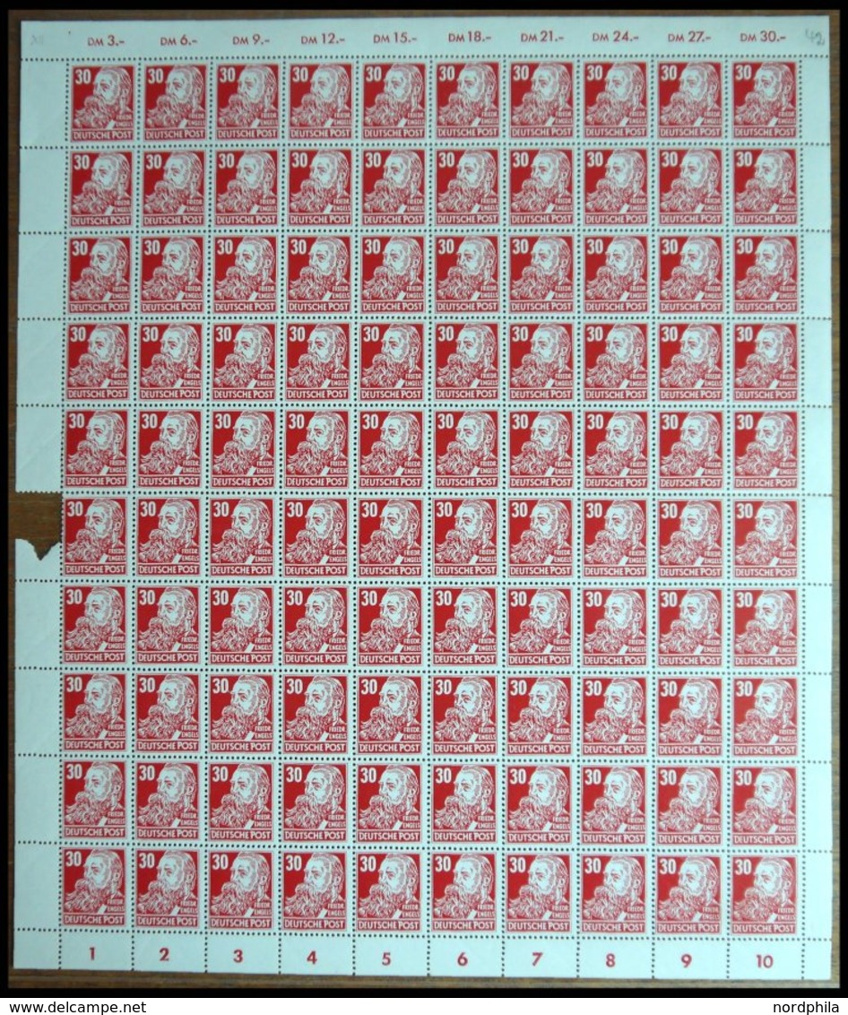 DDR 335vaXII **, 1953, 30 Pf. Rot Engels, Gestrichenes Papier, Wz. 2XII, Im Bogen (100), Mittig Etwas Angetrennt, Pracht - Usados