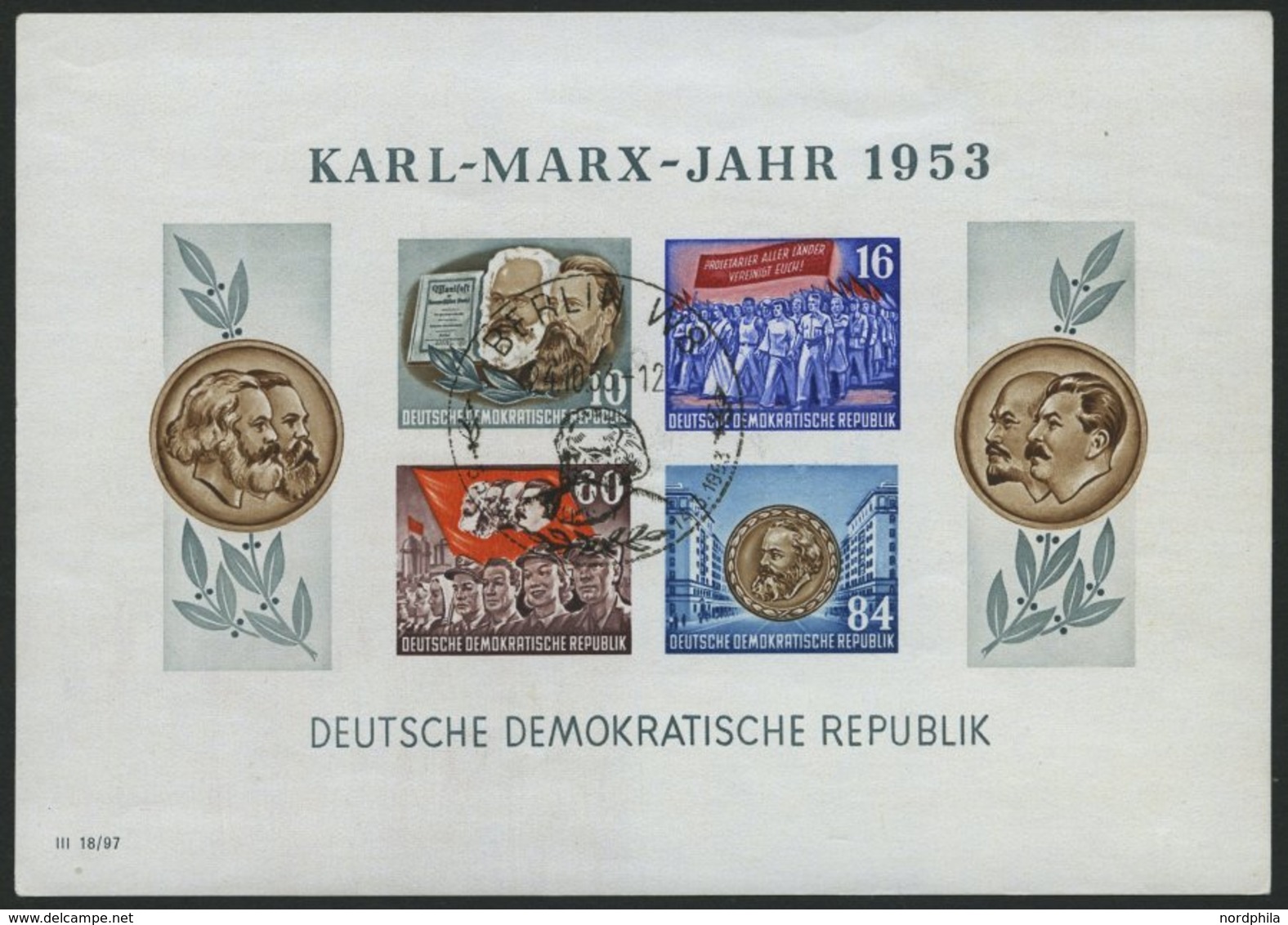 DDR Bl. 9BYI O, 1953, Marx-Block, Ungezähnt, Wz. 2YI, Ersttags-Sonderstempel, Feinst, Gepr. Schönherr, Mi. 150.- - Oblitérés