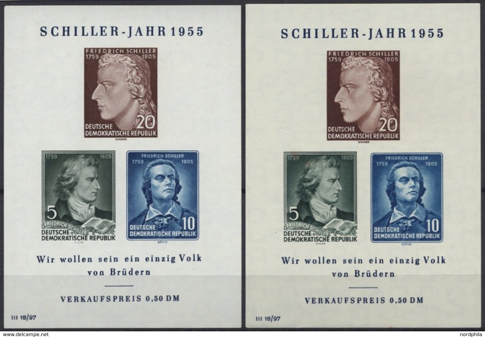 DDR Bl. 12IV **, 1955, Block Schiller Mit Abart Vorgezogener Fußstrich Bei J, Beide Wz., 2 Prachtblocks - Gebraucht