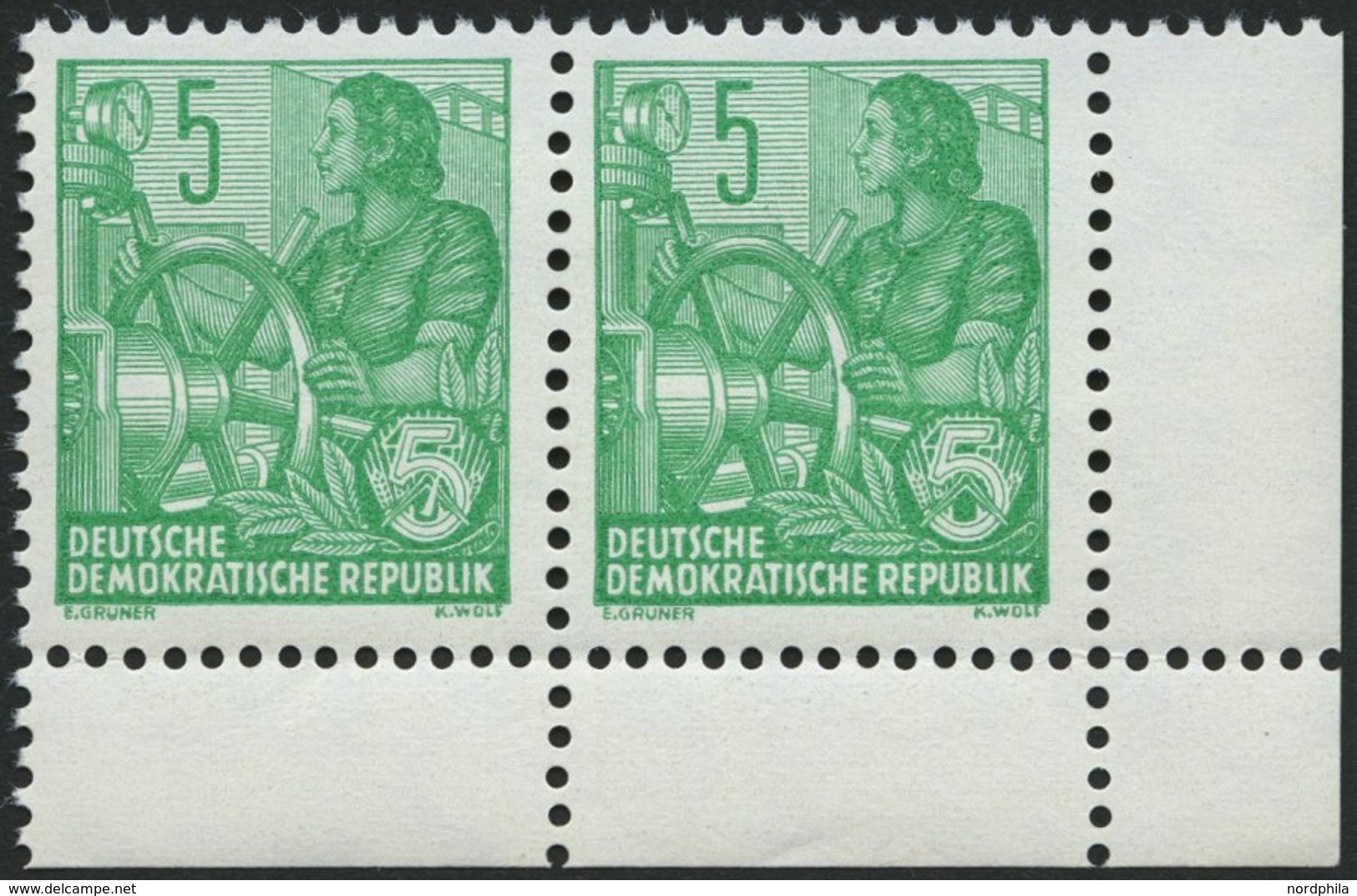 DDR 577AI **, 1957, 5 Pf. Fünfjahresplan, Gezähnt A, Mit Abart Weißer Keil In Der 5 Des Emblems, Im Paar Mit Normaler Ma - Used Stamps