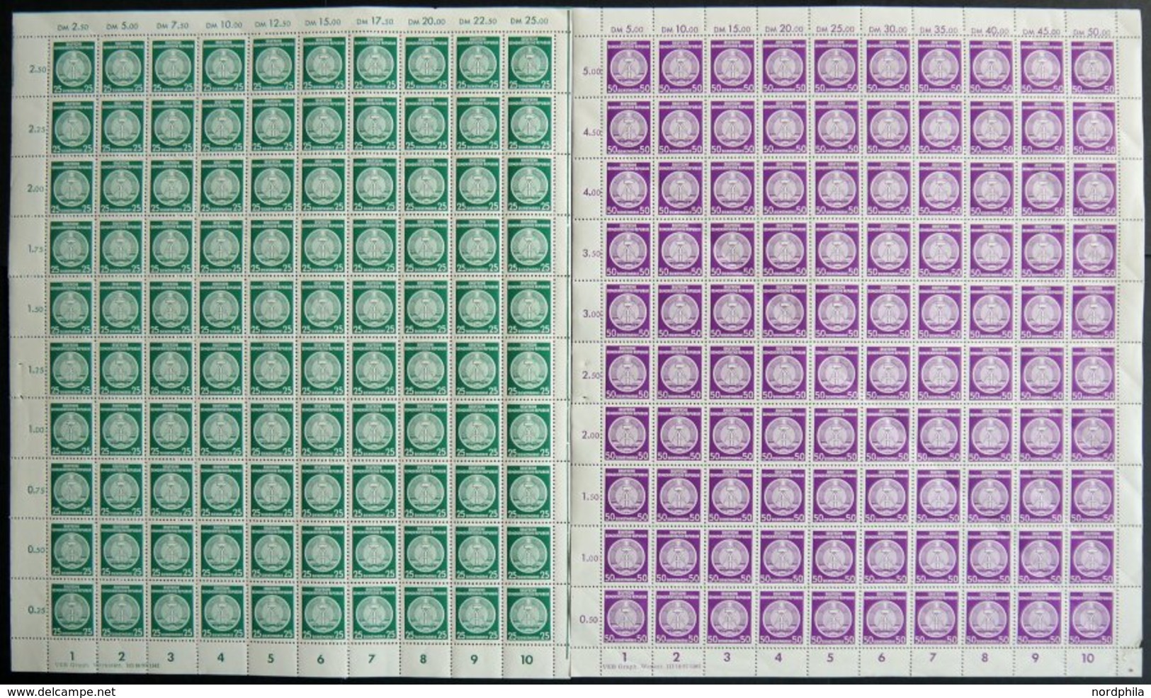 DIENSTMARKEN A D 23XI,26XII **, 1954, 25 Pf. Schwarzopalgrün, Wz. XI Und 50 Pf. Dunkelpurpur, Wz. XII, Je Im Bogen (100) - Sonstige & Ohne Zuordnung