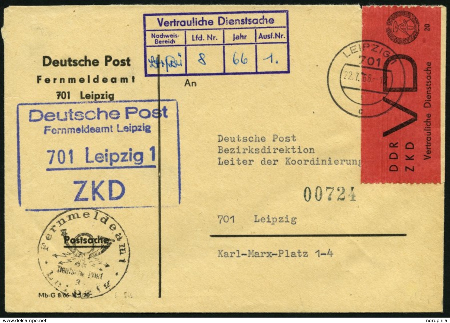 DIENSTMARKEN D VD 1A BRIEF, 1965, 20 Pf. Bräunlichrot/schwarz, Gezähnt 91/2, Auf Ortsbrief Aus LEIPZIG 1, Pracht - Autres & Non Classés