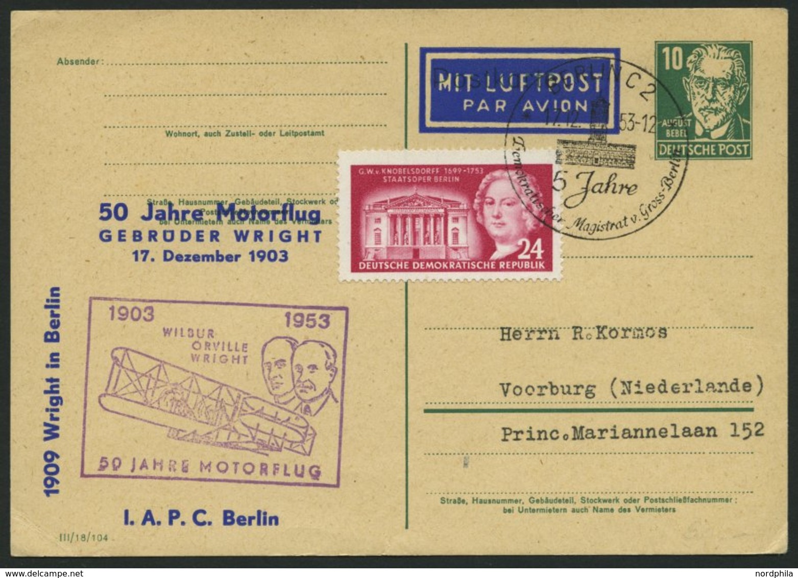 LUFTPOST 1949 - 1955 17.12.53, 50 Jahre Motorflug Wilbur, Orville, Wright, Sonderstempel, 10 Pf. Ganzsachenkarte Mit Zus - Autres & Non Classés