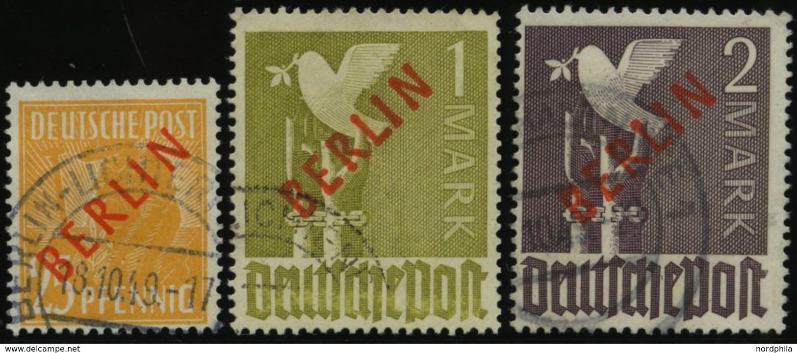 BERLIN 27,33/4 O, 1949, 25 Pf., 1 Und 2 M. Rotaufdruck, 3 Werte üblich Gezähnt Pracht, Gepr. Schlegel, Mi. 885.- - Autres & Non Classés