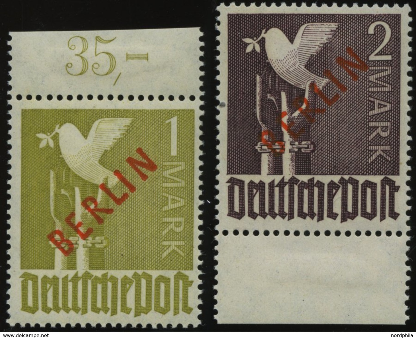 BERLIN 33/4 **, 1949, 1 Und 2 M. Rotaufdruck, 2 Prachtwerte, Gepr. A. Schlegel, Mi. 850.- - Other & Unclassified