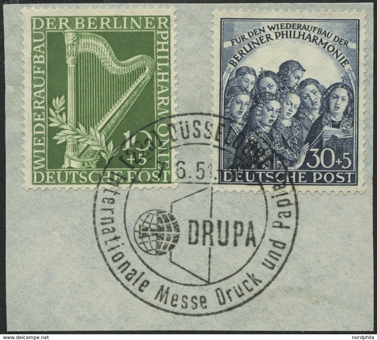 BERLIN 72/3 BrfStk, 1950, Philharmonie, Sonderstempel Düsseldorf-Drupa, Prachtbriefstück, Mi. 130.- - Otros & Sin Clasificación